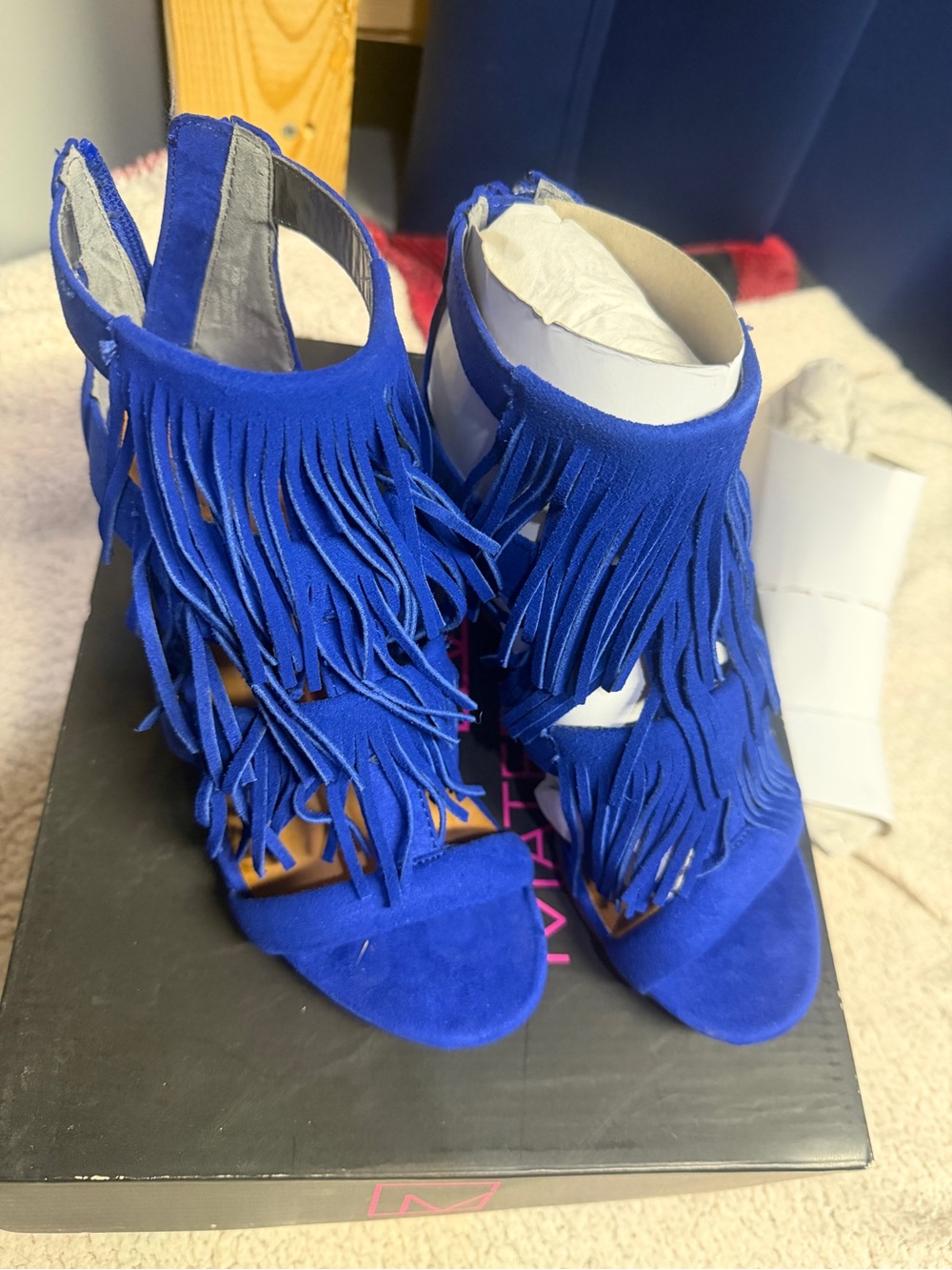 Material Girl Royal Blue Fringe Open-Toe Heeled Sandals